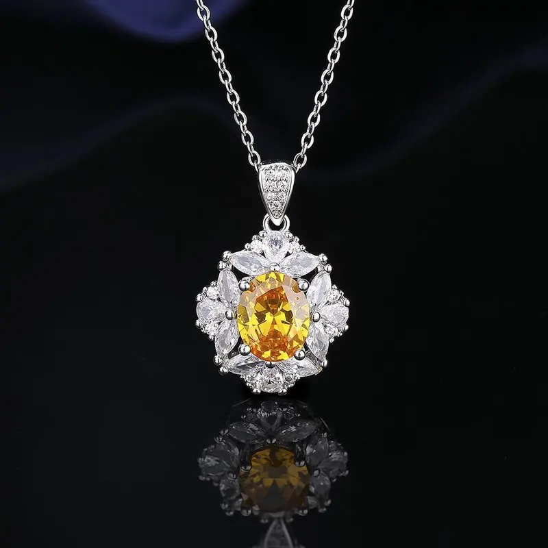 2026 Korean-style yellow crystal zircon necklace for fashionable ladies. 925 sterling silver high-quality party jewelry.