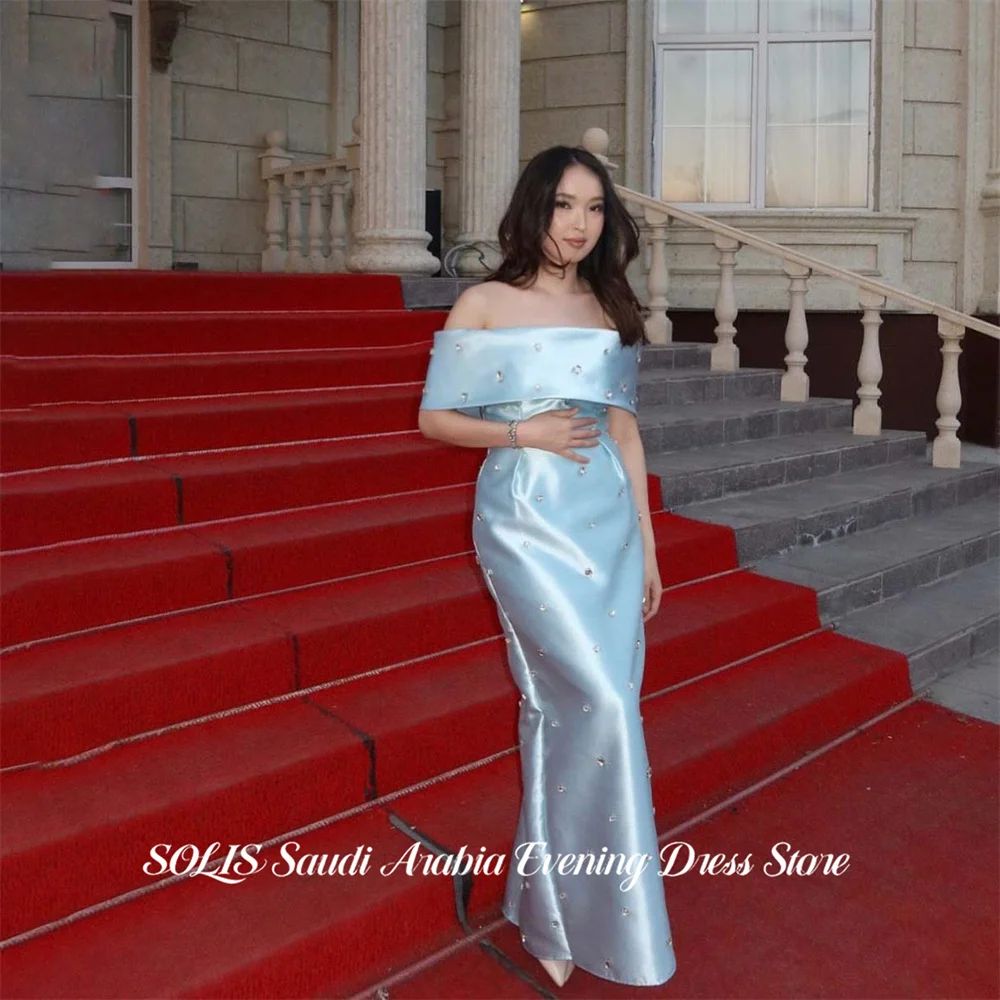 

SOLIS Light Blue Party Dress Off the Shoulder Evening Dress Straight فساتين السهرة with Crystal Simple Customized