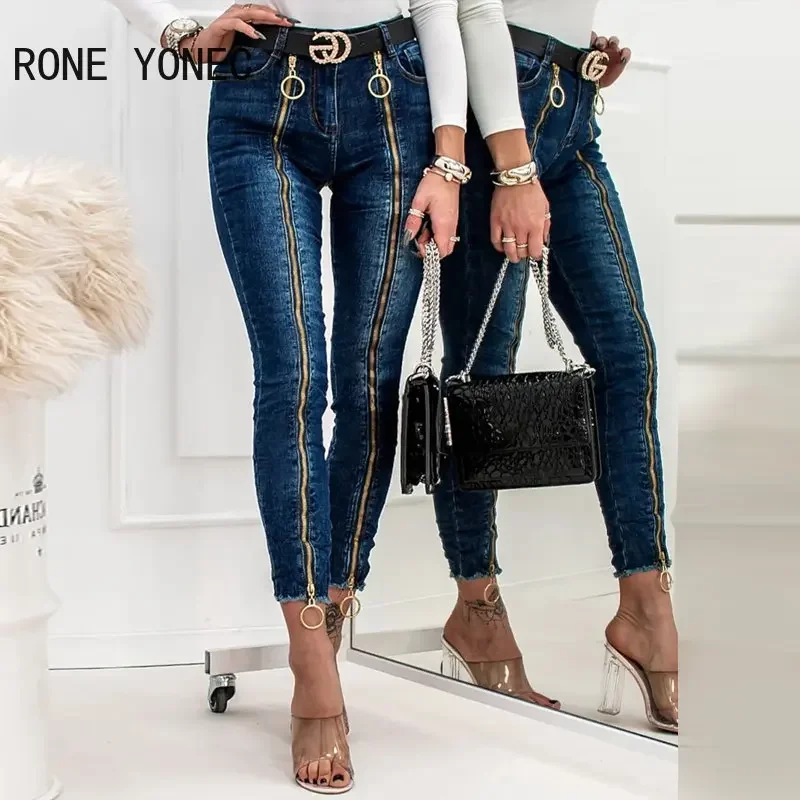 Women Solid Fashion Chic Zipper Decoration  Skinny Jeans Ankle Length Denim Pants