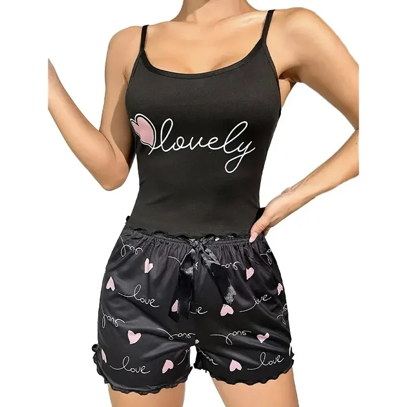 Summer Two-Piece Women\'s Camisole Printed Heart and Letter Matching Shorts Printed Love Bow Women\'s Pajama Set