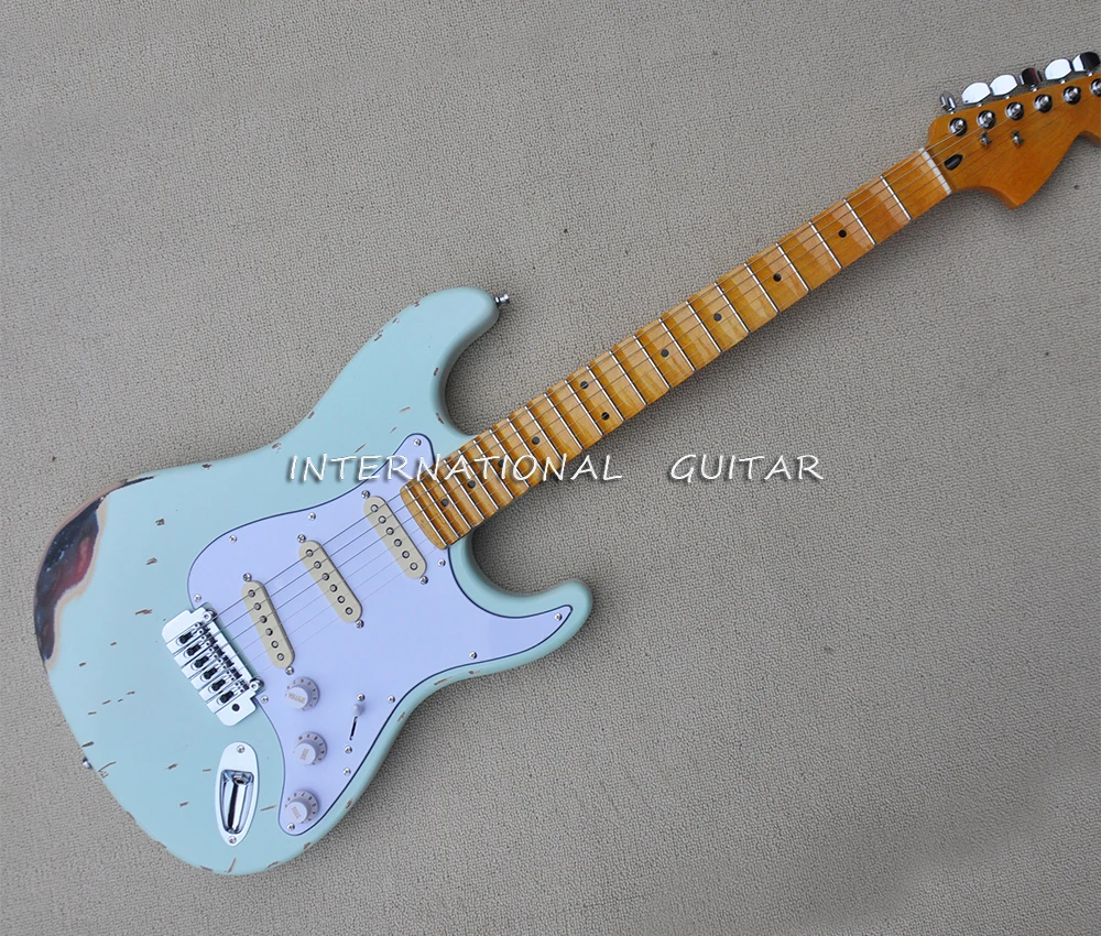 6 Strings Relic Blue Electric Guitar with SSS Pickups,Scalloped Yellow Maple Fretboard