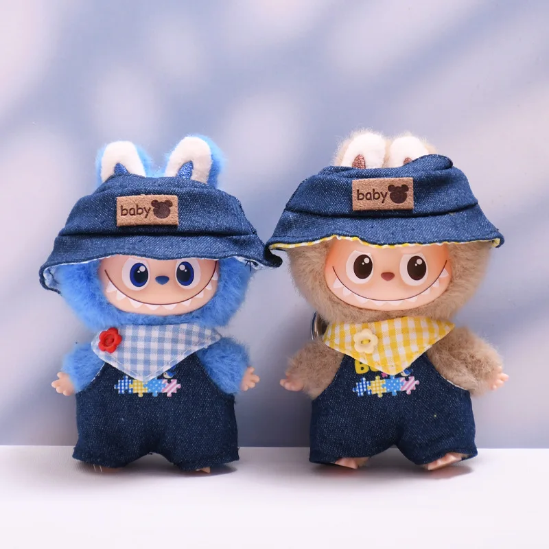 

Clothes For 4th Gen LABUBU 4.0, Mini Plush Charm Pin For Love Series Doll Outfit Plaid Scarf Jeans & Fisherman Hat Set