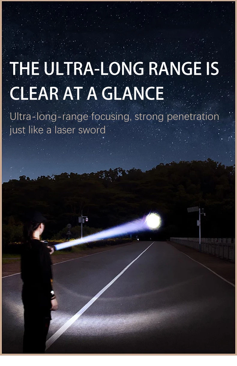 Strong Light Spotlight Hiking Flashlight 100,000 Lumens Telescopic Zoom Long-range TYPE-C Rechargeable Flashlight