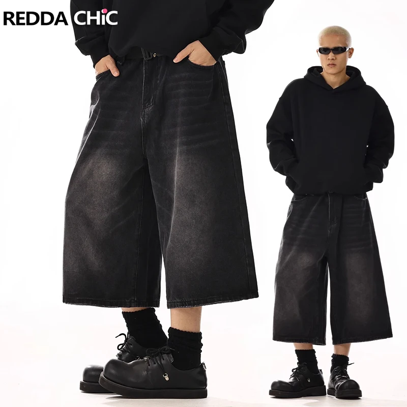 REDDACHiC Plus Size Men's Jeans Jorts Black Whiskers Cleanfit Wide Leg Casual Short Pants Hip Hop Skater Retro Summer Clothes