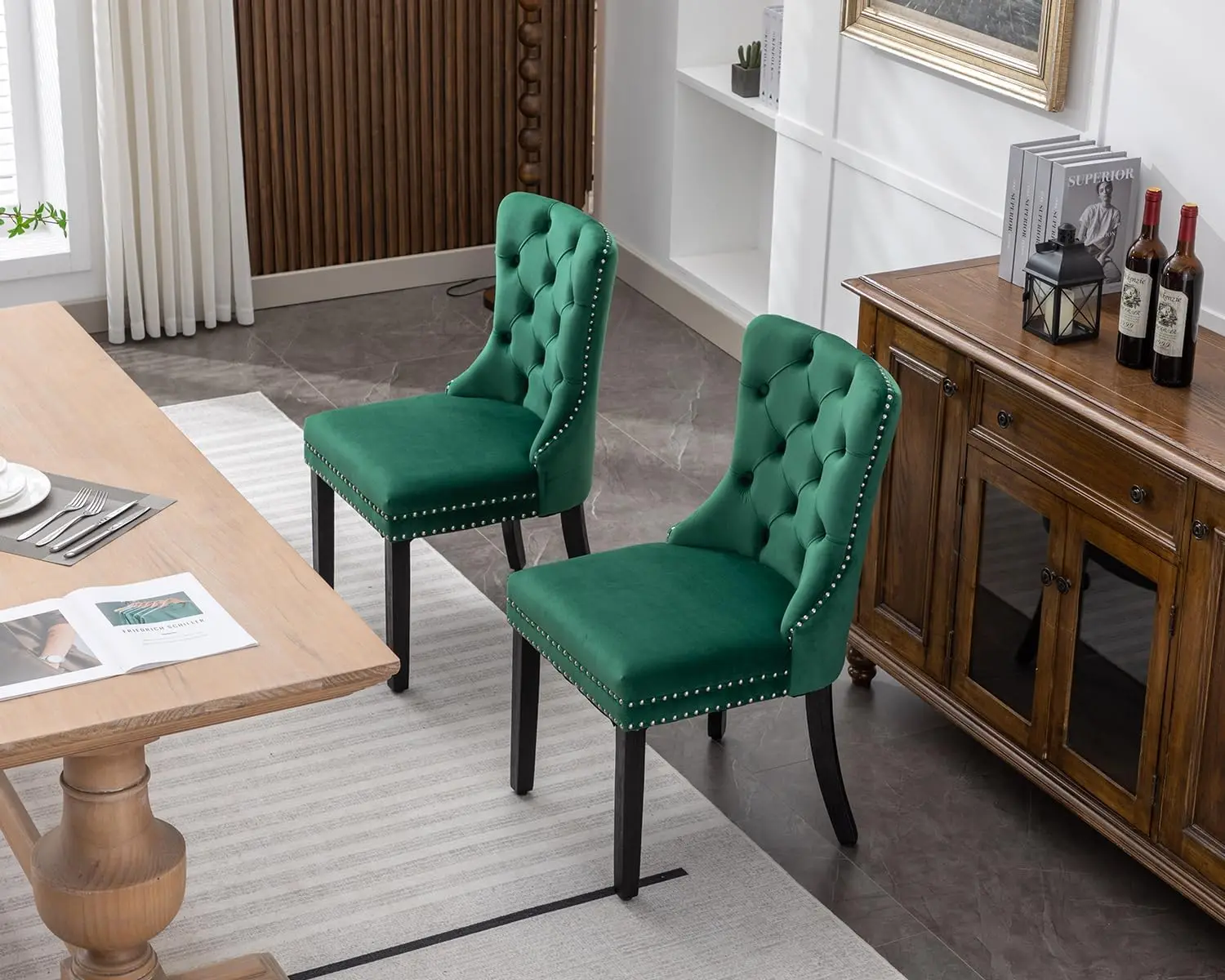 Green，Velvet Dining Chairs Set of 2, Upholstered High-end Tufted Dining Room Chair with Nailhead Back Ring Pull Trim Solid Wood