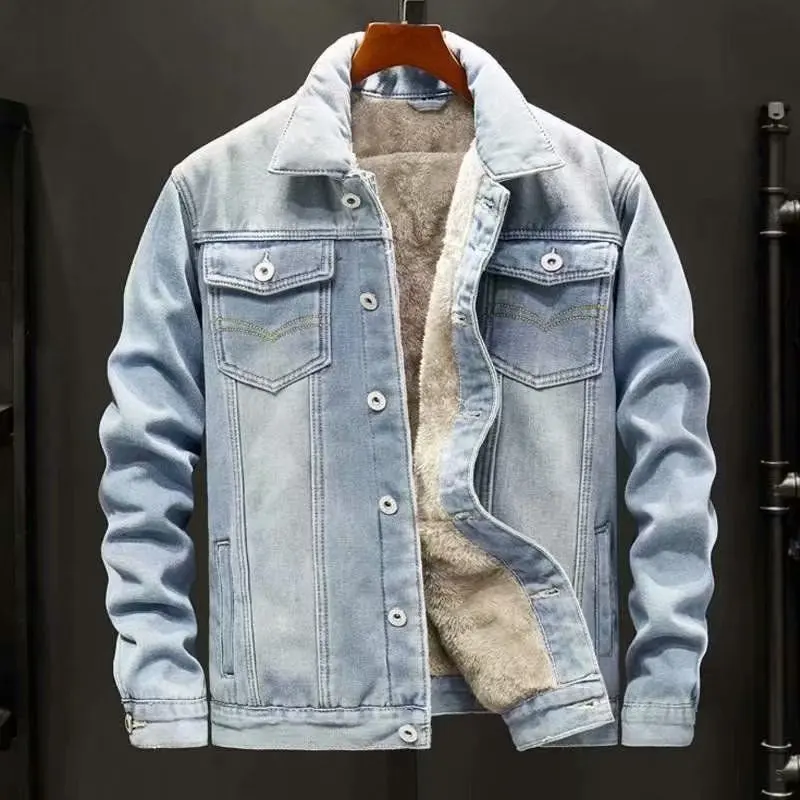 Herren Fleece-Gefütterte Jeansjacke Winter Dicke Warme Sherpa-Jeansjacke Koreanischer Stil Lose Übergroße Arbeitskleidung Lässige Oberbekleidung für Männer – Detail 9
