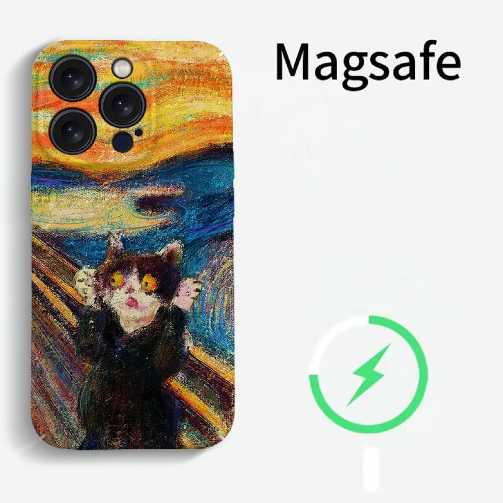 Retro Oil Painting Cat Magnetic Case for IPhone 16 15 14 13 Pro Max Back Phone Cover for 12 11 Pro 16 Plus 8 7 XS Acrylic Cover