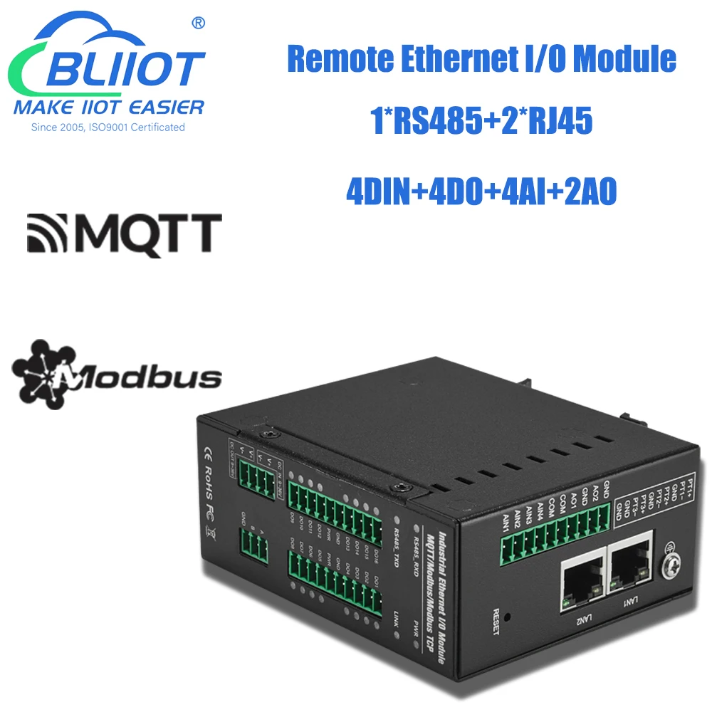 

4DIN+4DO+4AIN+2AO Industrial PLC Expansion IO Module RS485 Ethernet Modbus RTU to Modbus TCP Remote IO Module