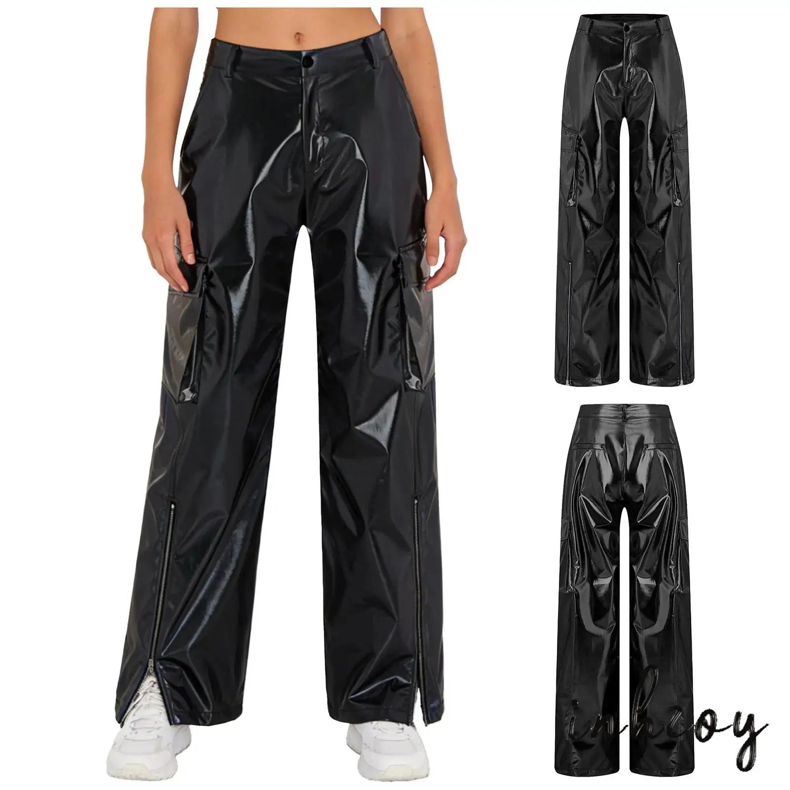 

Women Jazz Street Dance Party Metallic Cargo Pants Multi-pocket Wide Legs with Zipper High Waist Straight Pants Club Trousers