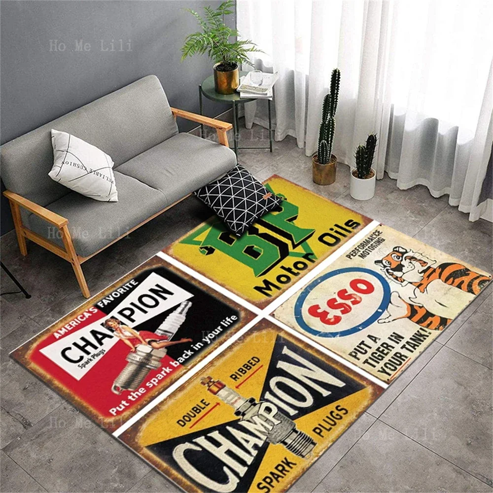 Antique Metal Logo Garage Vintage Tin Logo Gas Oil Advertising Non Slip Flannel Floor Rugs