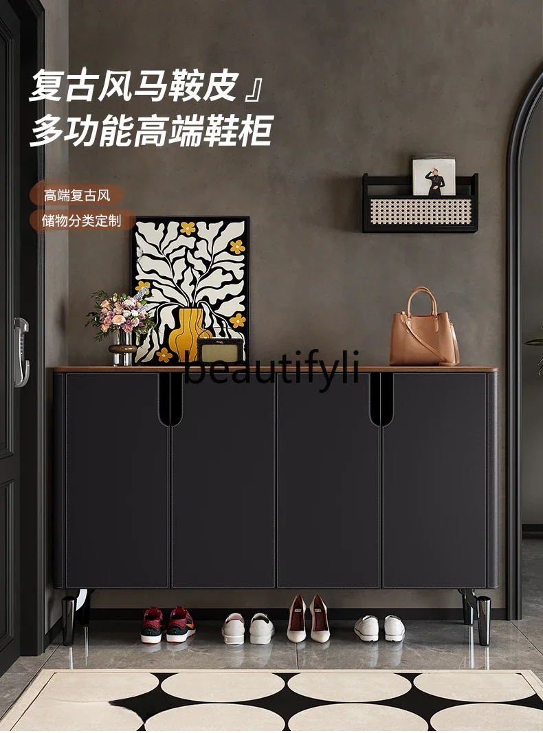 

Home entrance entrance hall cabinet solid wood locker retro saddle leather large capacity book shoe cabinet