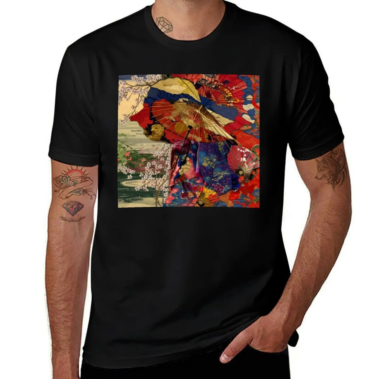 

Modern Japanese Kimono Fabric and Umbrella Pattern, Collage Art T-Shirt kawaii clothes T-shirt men