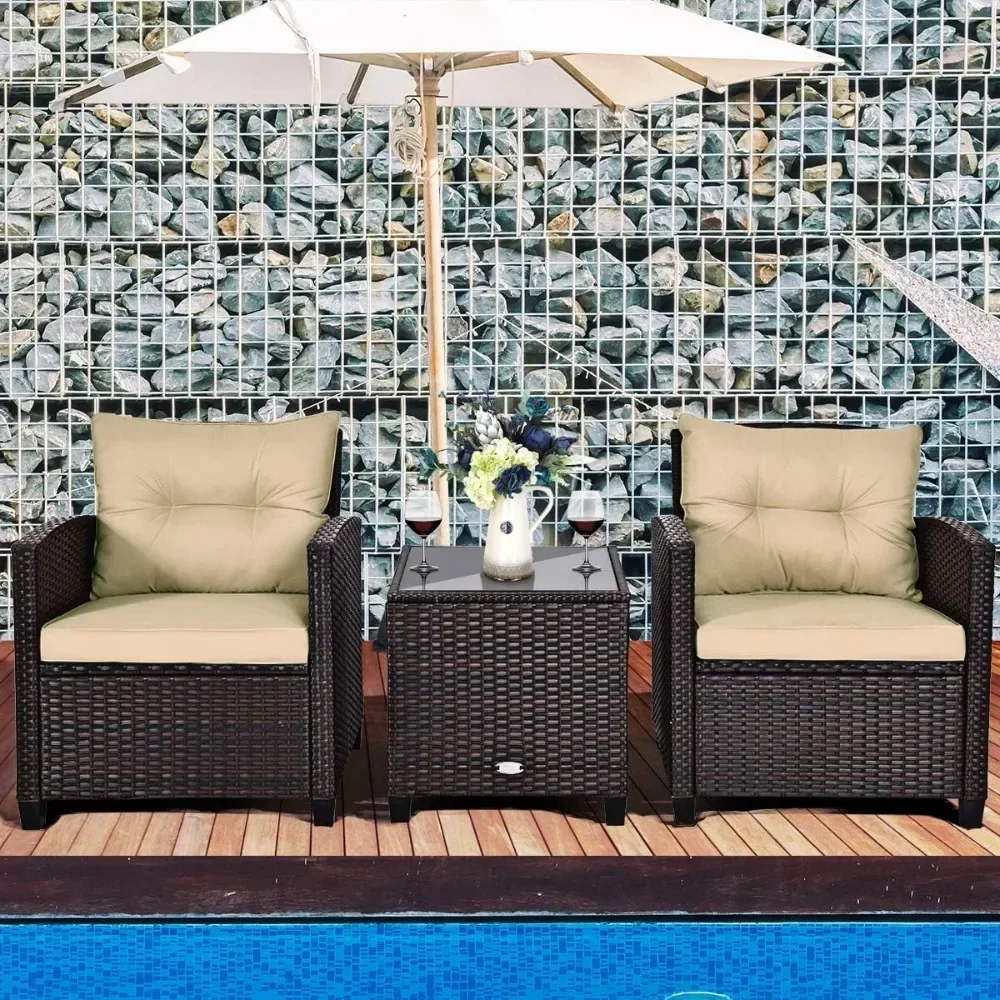 PE Rattan Wicker 3 Pcs Outdoor Sofa Set W/Washable Cushion and Tempered Glass Tabletop Tangkula 3 Pieces Patio Furniture Set