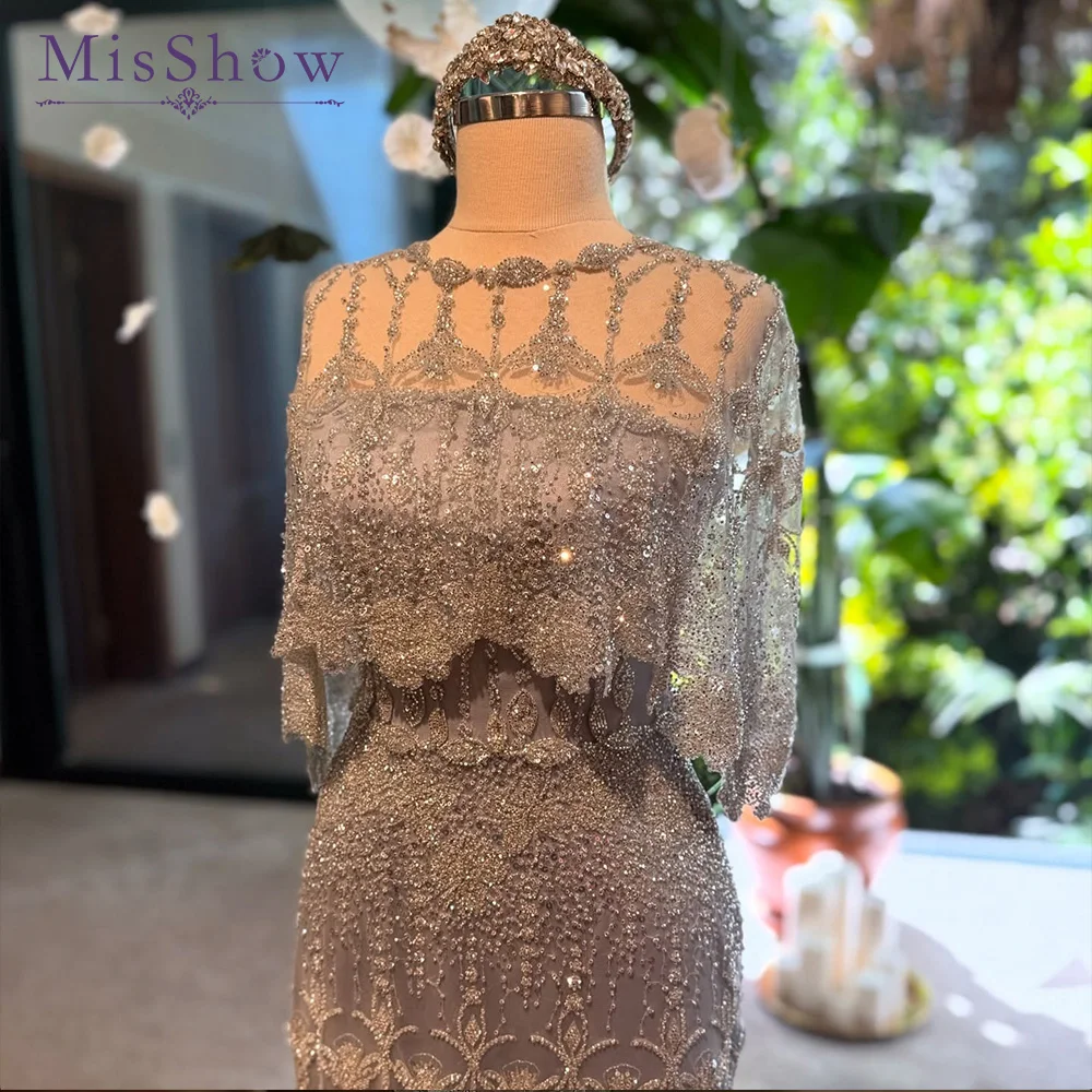 

MisShow Customized Champagne Beaded Evening Dresses Gowns with Cape - Crystal Sequin Mermaid Skirt for Galas Red Carpet