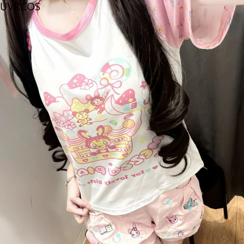 Summmer Kawaii Lolita T-shirts Japanese Y2k Aesthetic Cartoon Print O Collar Bow Women Tops Sweet Short Sleeve Tees Grunge Fairy