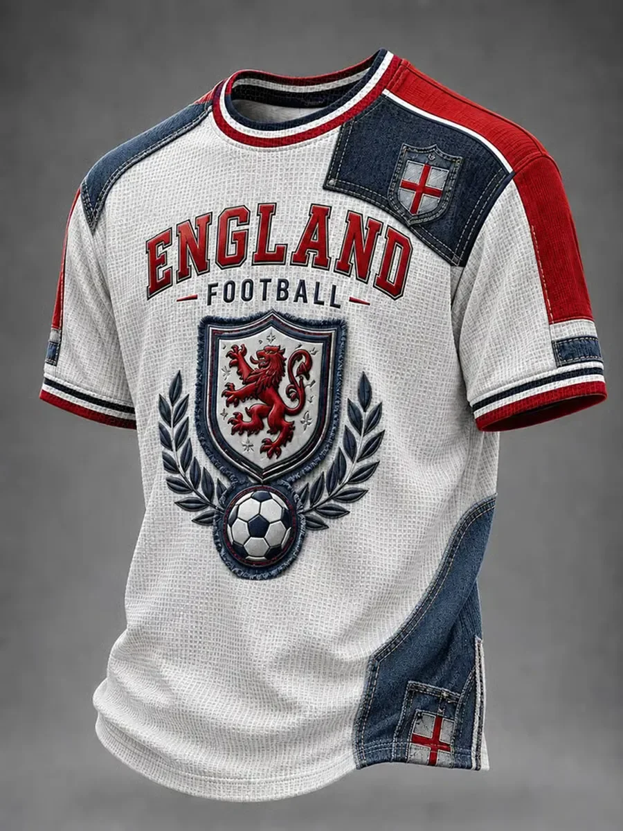 Camiseta de Fútbol Vintage para Hombre, Estilo Inglés, con Parches de Mezclilla, Escudo de los Tres Leones, Estampado de Fútbol, Manga Corta, Informal, Deportiva