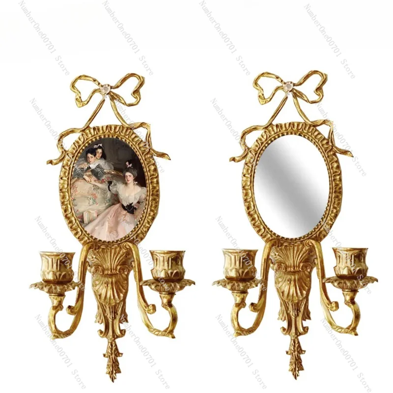 ‌French Brass Butterfly Wall Decor - Vintage Copper Mirror with Candle Holder, European Style Art for Living Room