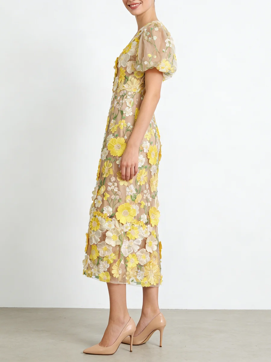 TWOTWINSTYLE 히트 컬러 스플라이스 자수 우아한 여성용 드레스 V넥 반팔 튜닉 패치워크 3D 꽃무늬 드레스