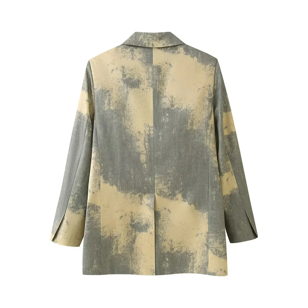 سترة بدلة نسائية غير رسمية جديدة مطبوعة ذات طية صدر السترة وأكمام طويلة وزر واحد