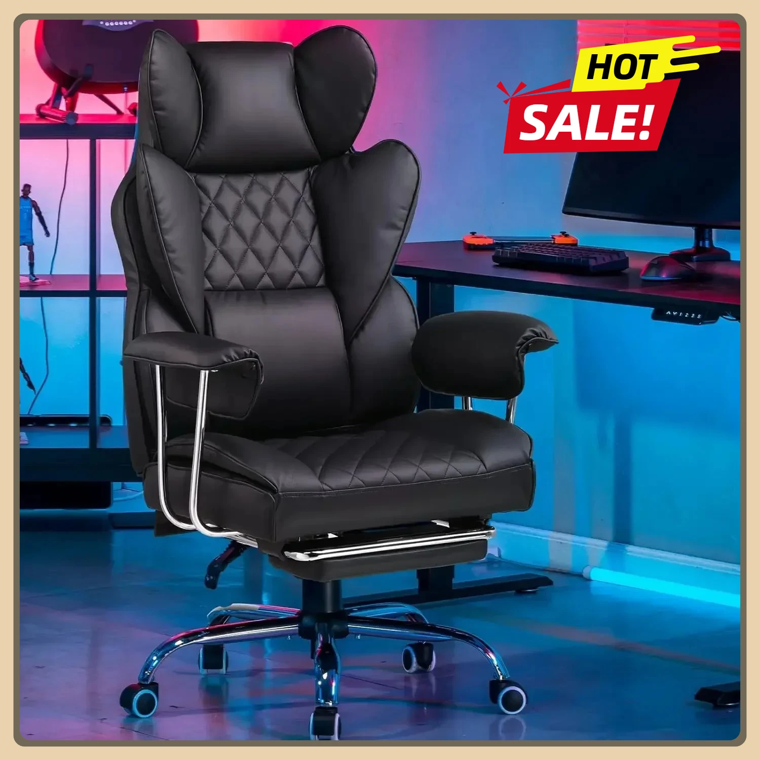 

Gaming Chair, Office Chair (PU Leather, Black) Spring Lumbar Support, Ergonomic Comfortable Wide Office Desk with Pocket