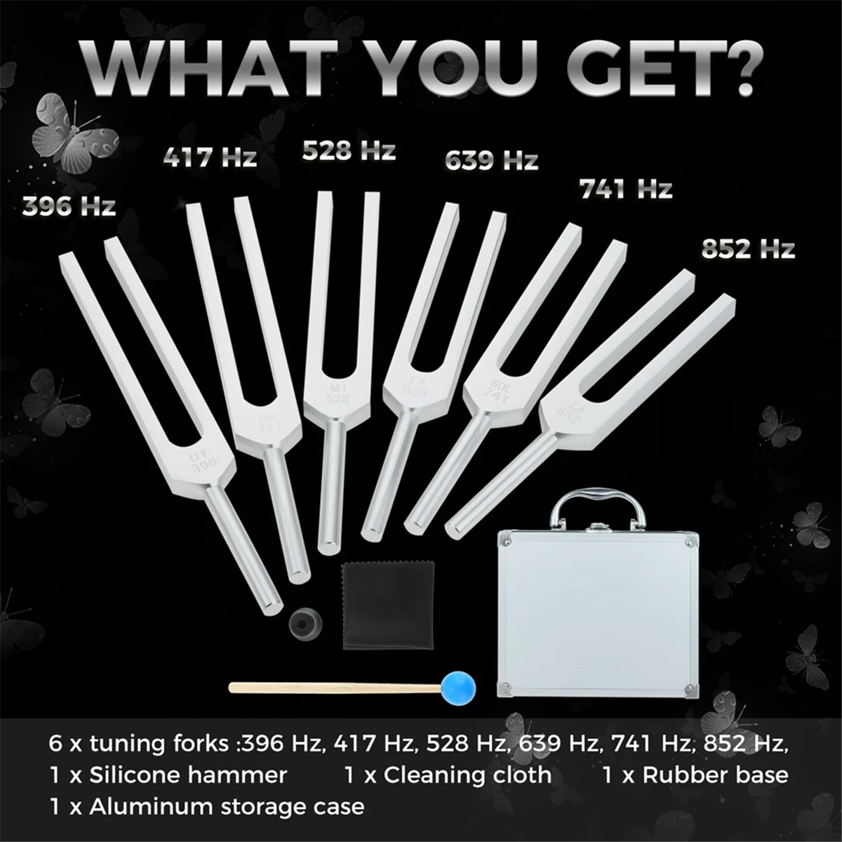 A22I Tuning Fork Set of 6 (UT 396Hz, RE 417Hz, MI 528Hz, SOL 639HZ, FA741HZ, LA 852HZ) with Wooden Hammer and Storage Bag