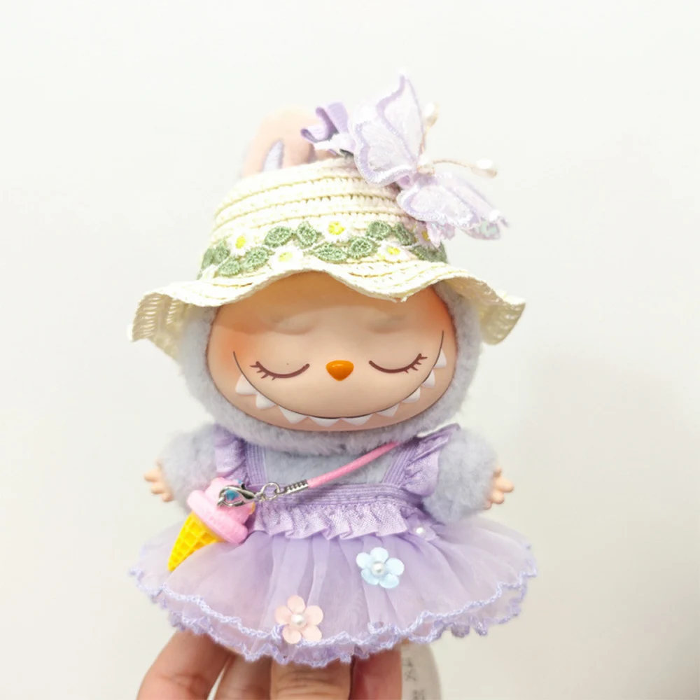 Dress Set For 17cm Labubu Ropa Mini Doll Clothes Flower Fairy Dress Trendy Clothes Outfit With Hat Shoes