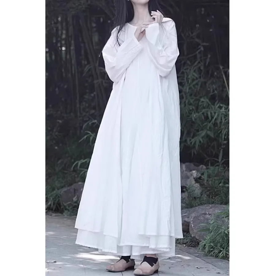 

Весенняя новинка: Элегантное женское платье макси из чистого хлопка с двойным слоем и длинными рукавами, белое, модный дизайн