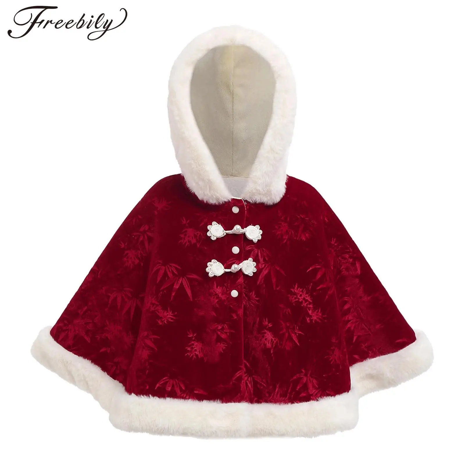 Baby Girls Winter Warm Velvet Hooded Cloak Bamboo Leaf Pattern Fleece-Lined Cape Coat Outerwear for Christmas Birthday Party
