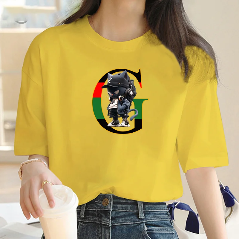 Women top T-shirt Cool cool Cat casual women T-shirt O collar fashion cartoon print commuter short sleeve women clothing