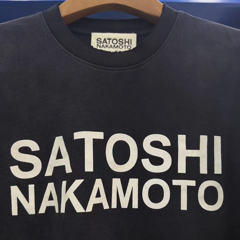 High Street Trend Brand Basic Letter Printed Round Neck Satoshi Nakamoto T-shirt Original Label High Quality Stock Short Sleeve