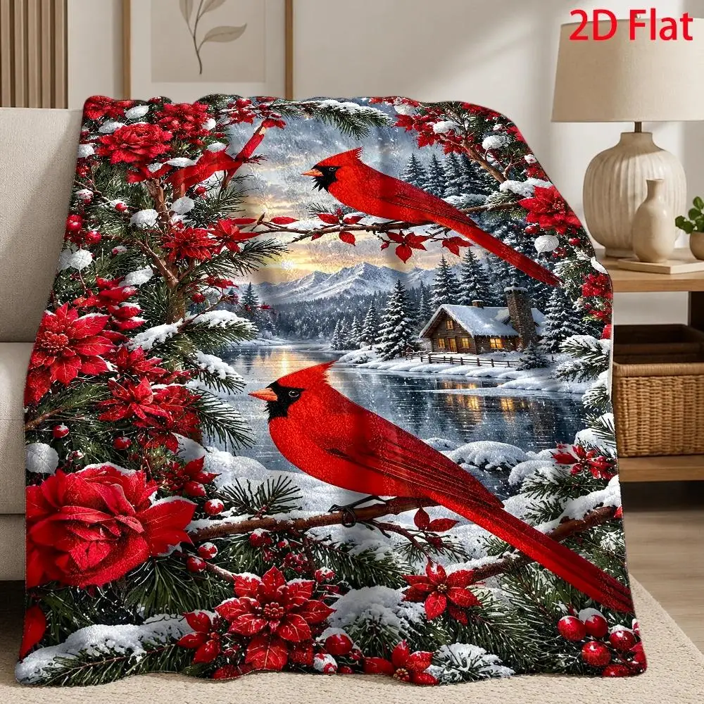 Christmas Cardinal Flannel Blanket Snowy Cabin Lake Pine Forest Poinsettia Winter Bird Throw Blanket for Sofa Bed Couch Bedroom Living Room Holiday Home Decor Seasonal Gift Cozy Nap Blanket Office Travel Woodland Bedding Farmhouse Room Accent
