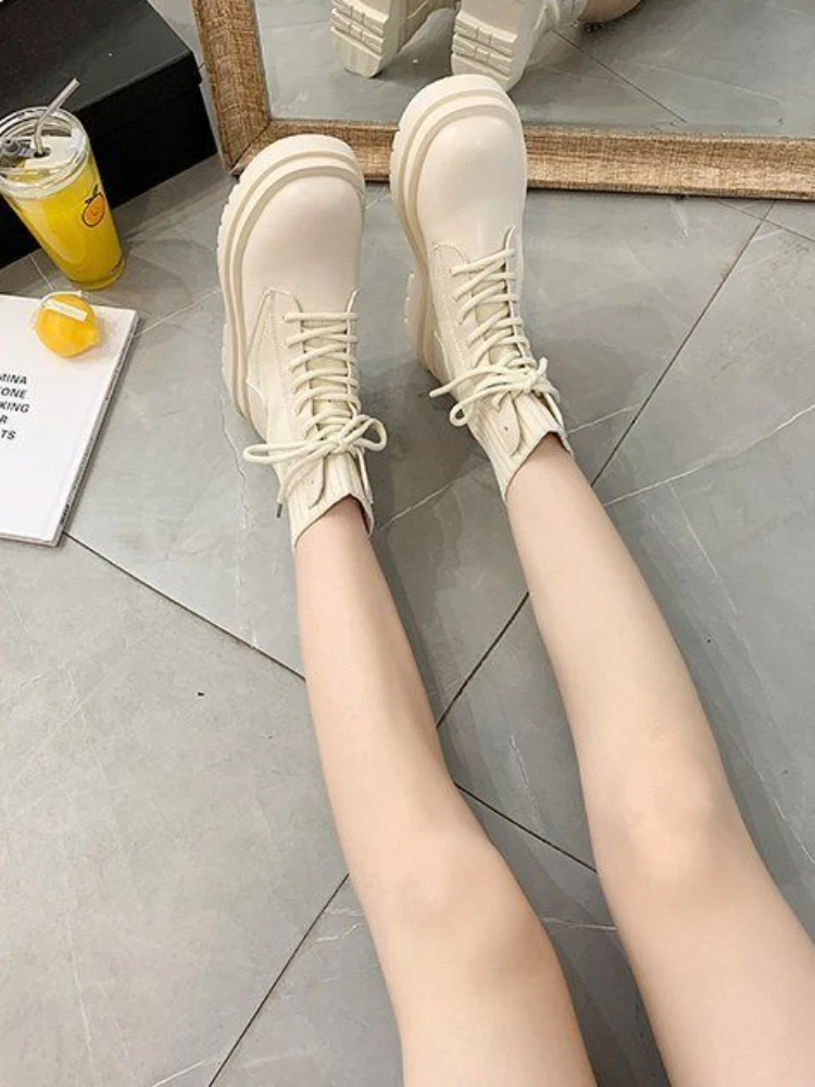 Chunky Elastic Sock Footwear Short Shoes for Women Platform with Laces Female Ankle Boots Lace-up Booties Waterproof Boot Pu Y2k