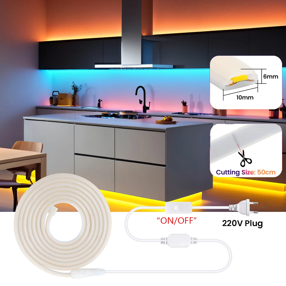 عكس الضوء 220 فولت COB Led قطاع ضوء تشغيل/إيقاف باهتة 288 المصابيح/م IP67 مقاوم للماء مرنة النيون مصباح الاتحاد الأوروبي التوصيل الدافئة الأبيض الأحمر ديكور المنزل