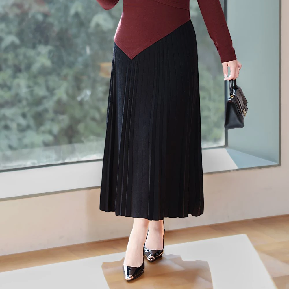 A-Line Knitted Pleated Skirt Women XL XXL Autumn Winter Good Quality Commuter Jacquard Solid Color High Waist Skirt 9030