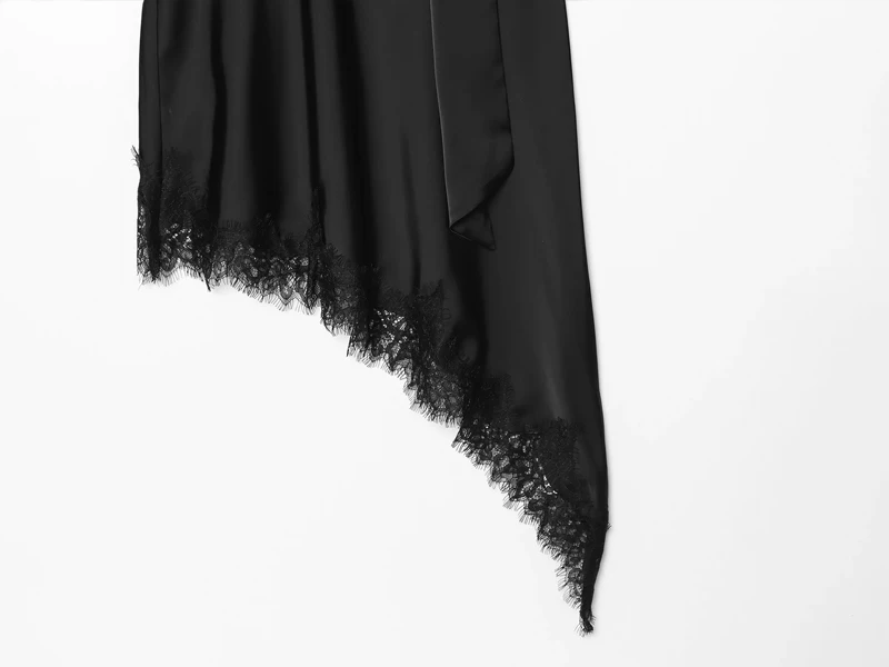 HXAO Spitzenkleider für Damen, Sommer, schwarzes Midi-Satin-Kleid, asymmetrisches, kurzärmeliges Kleid, elegantes, kokettes Partykleid – Detail 8