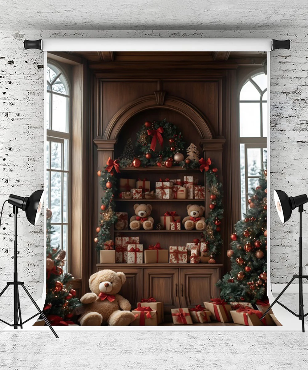 Christmas Backdrop 2024 Toys Store Xmas Tree Gifts Wooden Floor Baby Birthday Party Family Portrait Photography Background Decor