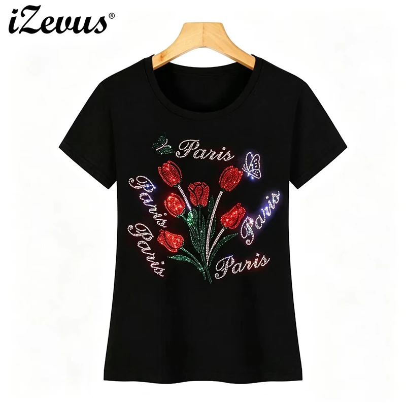 Hot Selling High-Quality Hot Diamond Women's Casual Short-Sleeved T-Shirt Printing Diamond Sparkling Diamond Beautiful Flowers