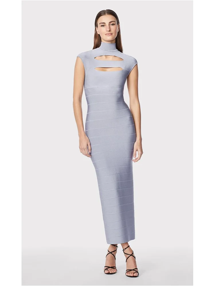 

Sexy Turtleneck Sleeveless Hollow Out Bandage Dress Women Tank Bodycon Long Dresses Elegant Evening Party Runway Gowns