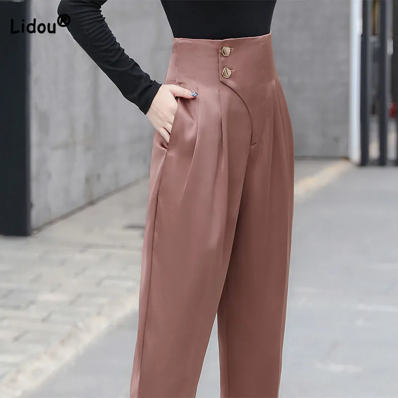 

Elegant Fashion Solid Color Women's High Waist Harem Trousers Spring Autumn Office Lady Button Spliced Casual Cropped Pants