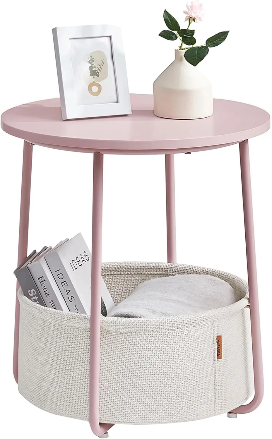 

LILEA Small Round Side Table, Modern Nightstand with Fabric Basket, Jelly Pink & Cream White