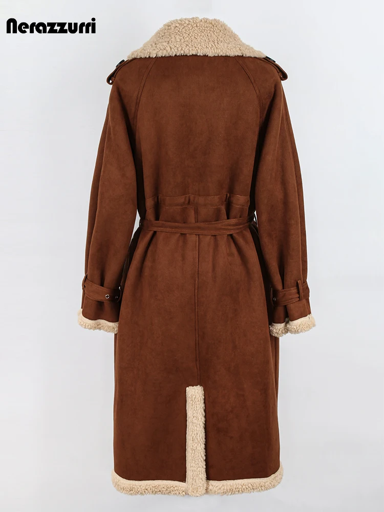 Nerazzurri-Manteau en peau de mouton en faux daim pour femme, manteau en peau de mouton d'agneau, long, marron, épais, chaud, frais, hiver, 2022