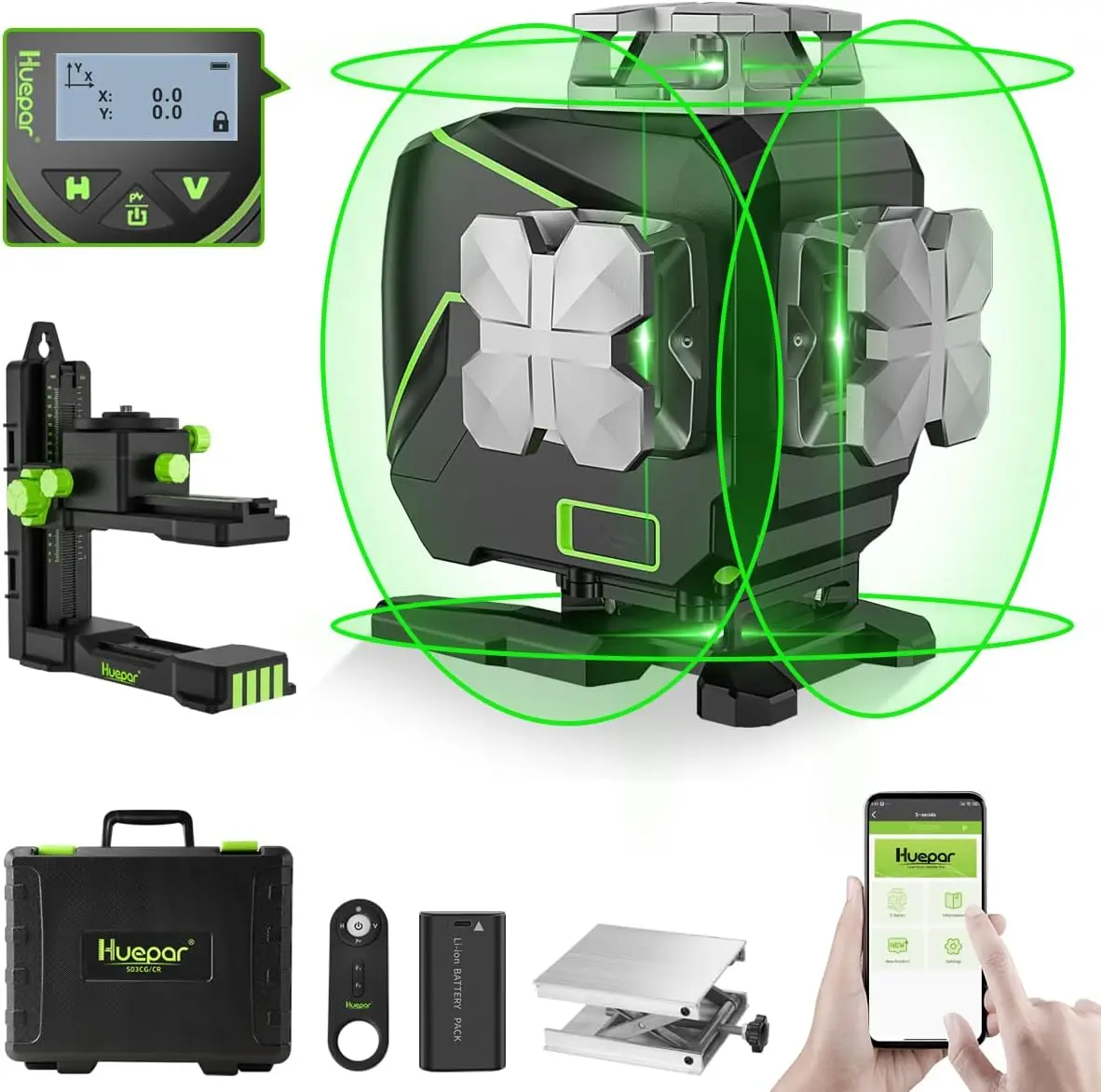 Laser à ligne croisée verte avec écran LCD, outil laser extérieur, mode impulsion, auto-abati eur, 4D, Bluetooth, 360 °, 4x360 °