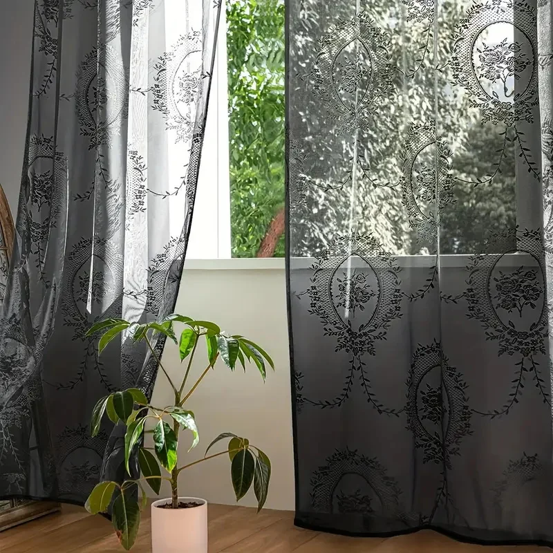 1Pc European-Style Translucent Lace Curtain, Finely Crafted Gauze Curtain with Peony Flower Design, Used to Decorate Your Home Outdoors, Filtering
