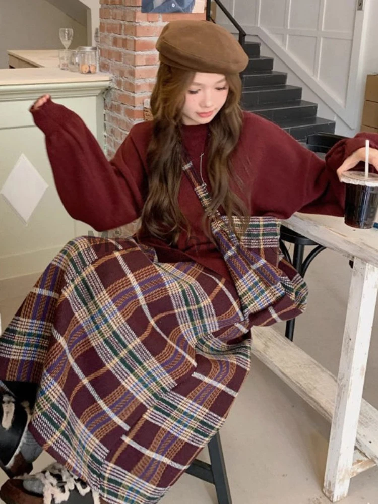 Harajuku Red Sweet Two Piece Set Women Preppy Style Elegant Plaid Midi Skirt Sets Female Korean Slim Casual Suit 2024 Winter New