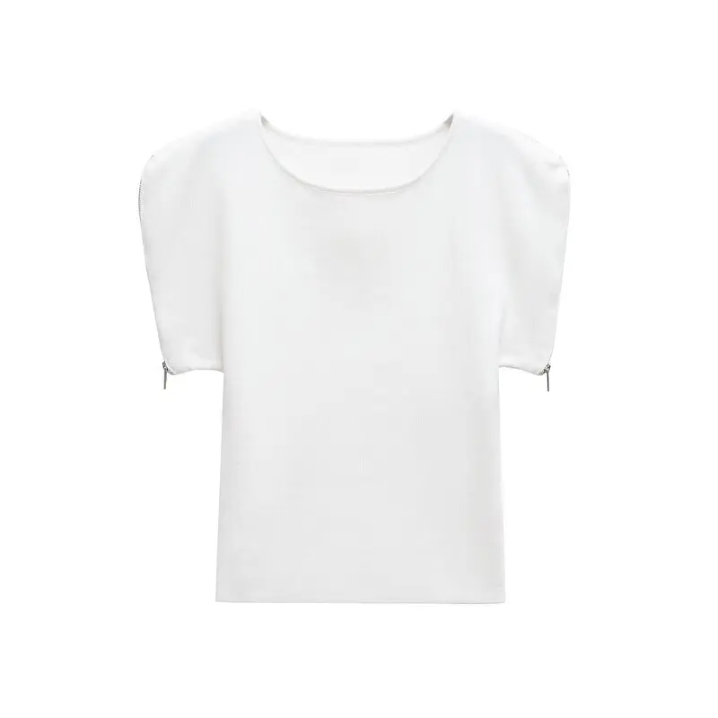 

Spring 2025 Women's Knitted Tight Fit ort Sve round Ne Top Zipped Sve Decorated Faion Commute Sle Regular Length