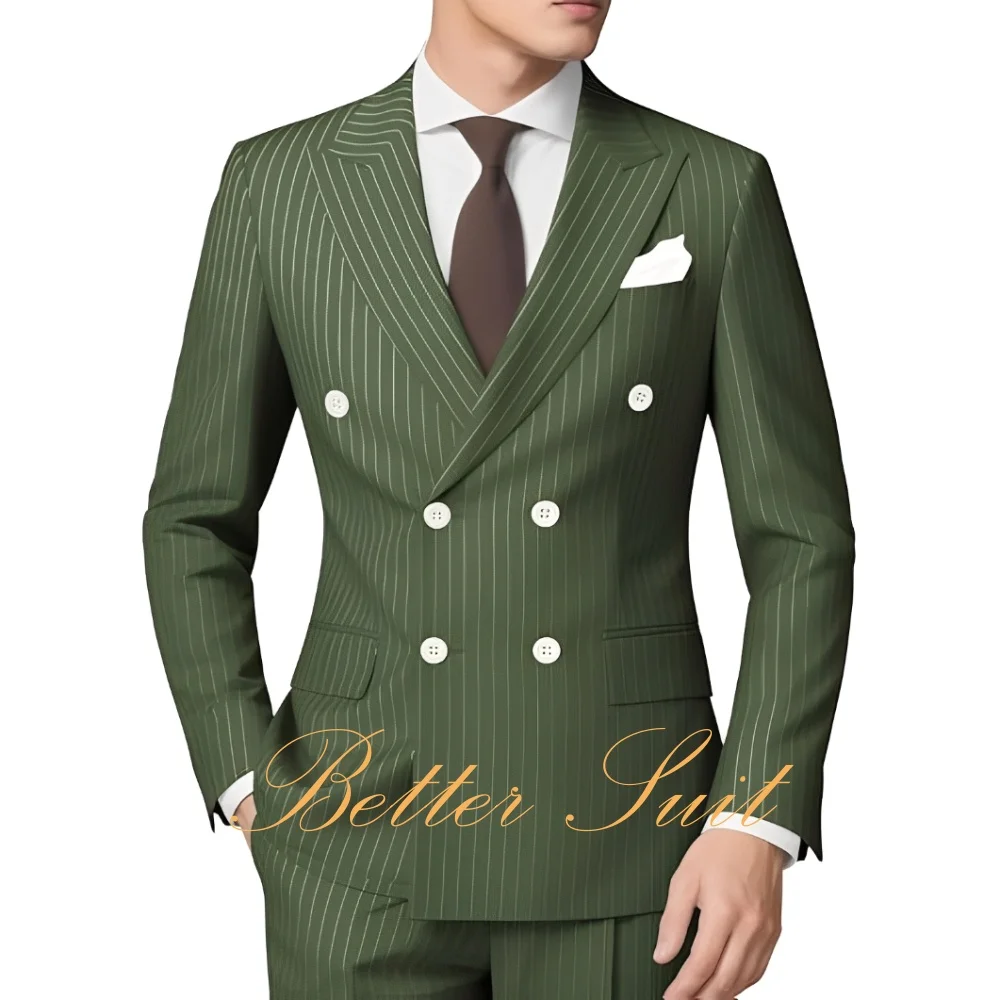 بدلة رجالية مقلمة 2 قطعة بقصة عادية مزدوجة الصدر سترة السراويل لحفلات الزفاف الرجال الدعاوى العريس حفلة موسيقية سهرة البدلة #3