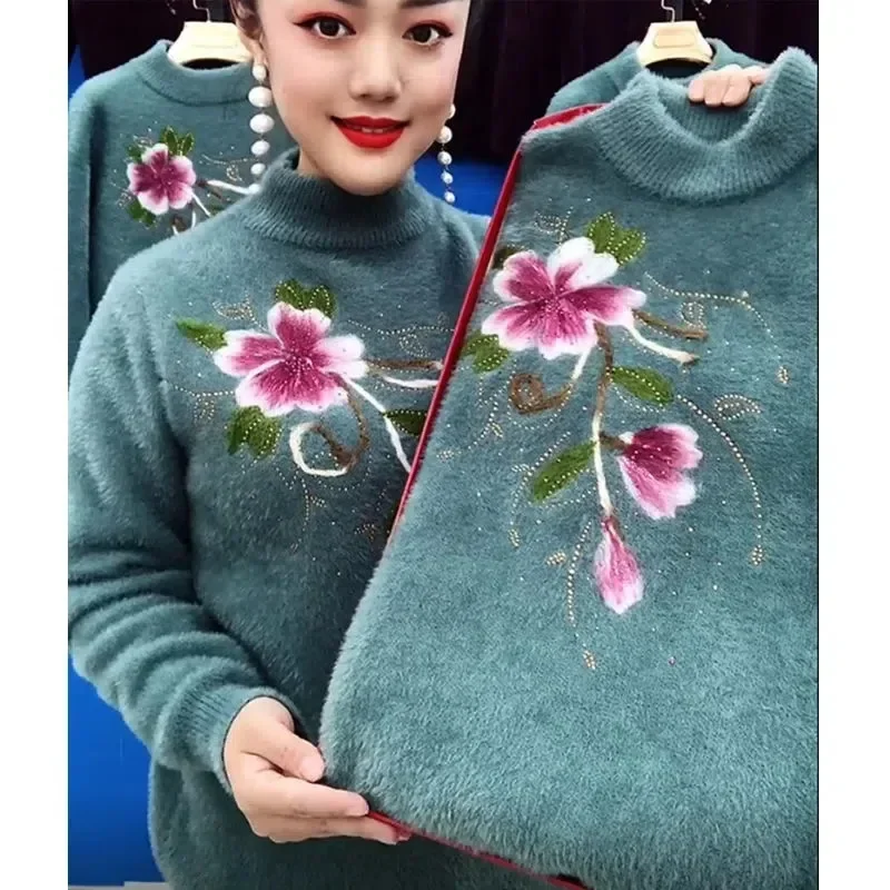 Mother Winter Sweater And Pullover New Thick Imitation Mink Velvet Sweater Elegant Embroidery Women Knitted Jumper Femme Tops