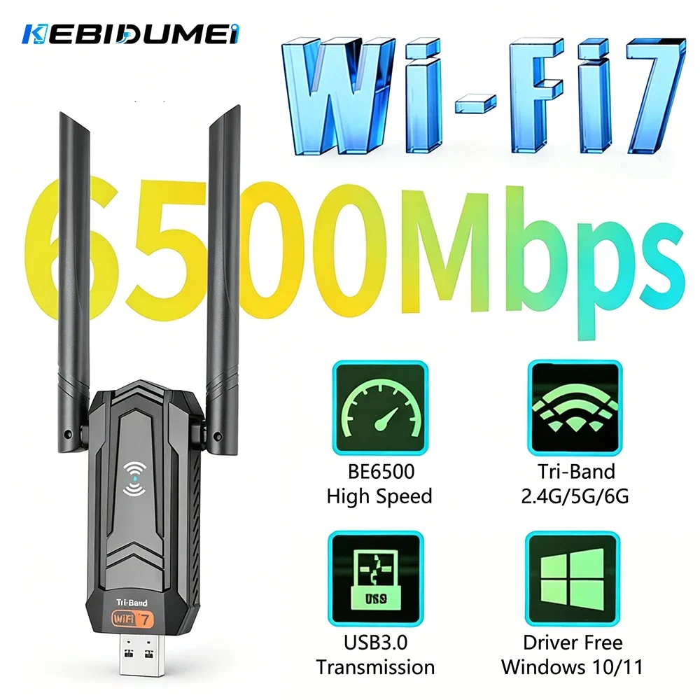 Kebidumei BE6500 WiFi7 USB3.0 Adapter Tri-Band 2.4G/5G/6GHz Wireless Network Card Wifi Receiver Dongle Driver Free for PC Laptop