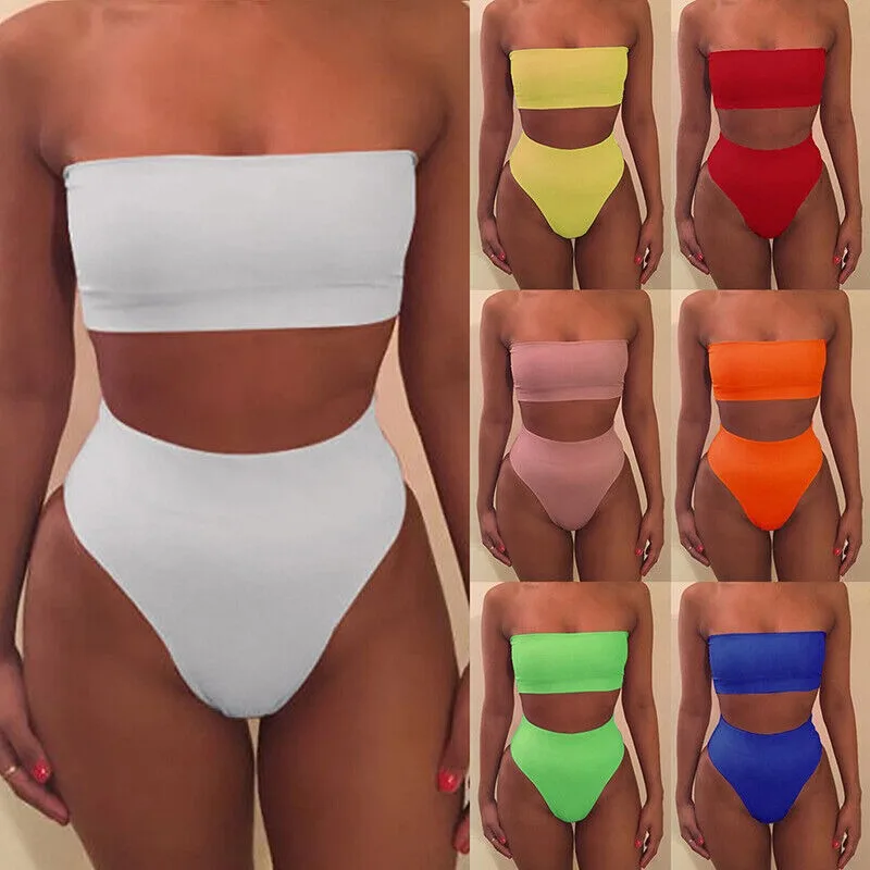 Set Bikini pinggang tinggi wanita, pakaian renang Bra Push-Up seksi, atasan Tube Top