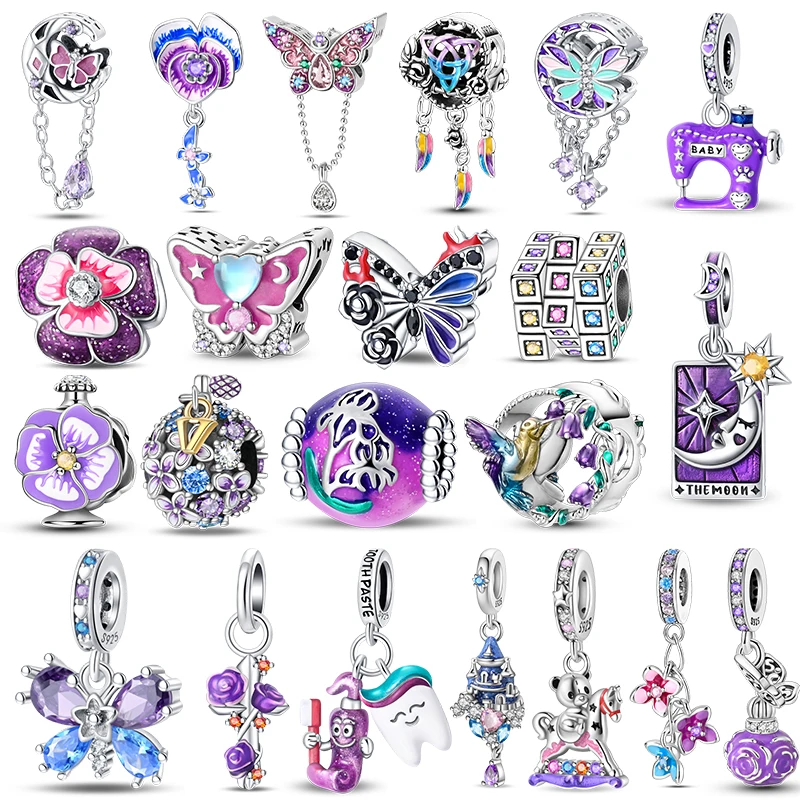 

925 Sterling Silver Purple Series Crystal Castle Bear Trojan Pendant Dark Night Butterfly Beads charms Fit Bracelets DIY Jewelry